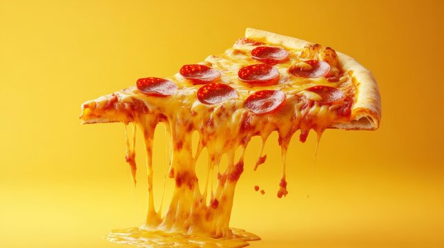 Melted cheese pepperoni pizza slice against yellow background.