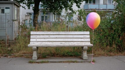 Empty park bench, colorful balloon, urban scene