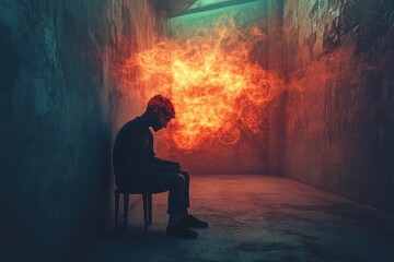 A young boy sits on a chair in a dimly lit room, surrounded by a vivid flame-like formation. The image conveys deep emotion and introspection amid a contrasting dark environment.