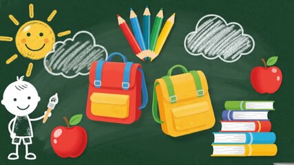 A green chalkboard displays colorful schoolthemed drawings of a sun clouds pencils backpacks apples books and a stick figure - Powered by Adobe