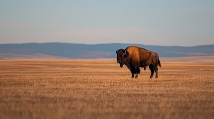 Majestic Bison Stands on Golden Prairie at Sunset