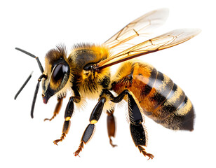 Ultra realistic honeybee with detailed wings, isolated on a transparent background