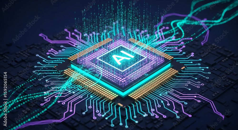 Poster AI microprocessor glowing with teal and purple light, binary code flows from it, symbolizing artificial intelligence, technology, and data processing