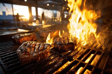Sizzling steaks on a grill, flames licking at the meat
