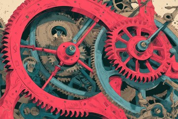 Close-up clockwork gears, intricate, vibrant red and teal