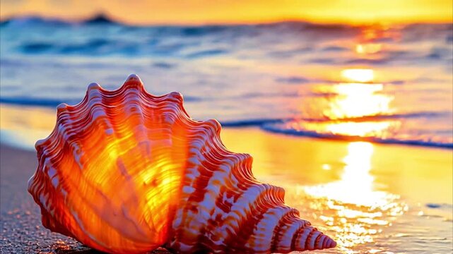 Close-up of a vibrant seashell resting on a sandy beach, illuminated by the warm glow of a sunset, with gentle waves lapping in the background, evoking a serene coastal atmosphere