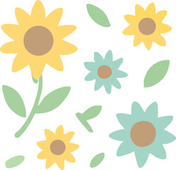 Whimsical Pastel Flowers with Green Leaves and Brown Centers.