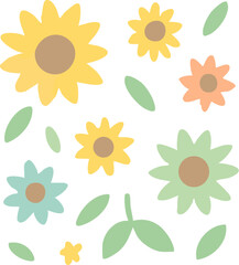 Colorful Cartoon Flowers and Leaves Pattern on White Background.
