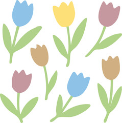 Colorful Tulip Flowers Illustration: Blue Yellow Pink Brown and Green Floral Pattern.