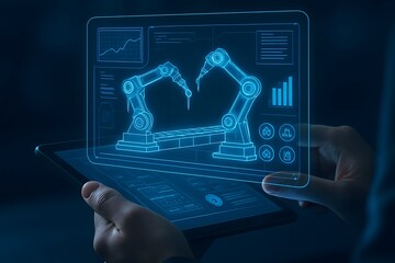 Futuristic holographic interface displays robotic arms and data analytics