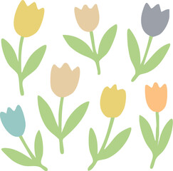 Stylized pastel colored tulip flowers with green stems and leaves simple flat design.