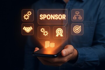 Man holding phone displaying sponsor icons and coins for business growth