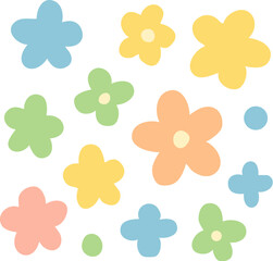 A charming set of simple hand-drawn style flowers in soft pastel colors Playful retro aesthetic with rounded petals in blue green yellow orange and pink.
