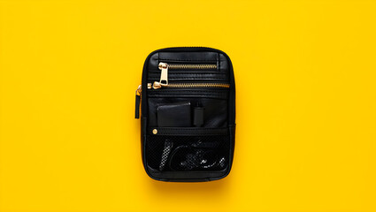 Sleek black organizer pouch presented on a bright yellow backdrop offers a modern and stylish way to keep accessories tidy.