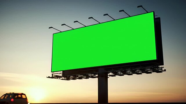 Large Outdoor Billboard with Green Screen Chroma Key Display on a Roadside at Sunset, Ideal for Advertising Mockups and Custom Content Insertion