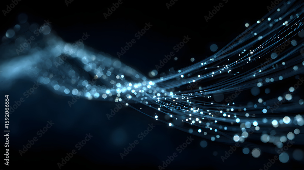 Poster blue background with a series of lines and dots. the lines and dots are connected to each other in a