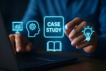 Person interacting with digital case study icons on a laptop screen