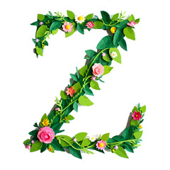 Naklejka premium Vector art of letter z is decorated with green leaves and colorful flowers isolated on white background
