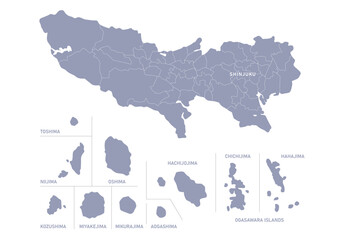 グレー色の日本地図, 東京都の行政区分付き地図（東京都内の島含む）, Gray colored map of Japan, Tokyo with all islands in Tokyo prefecture