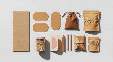 Natural kraft paper packaging mockup with assorted items and minimalist design elements