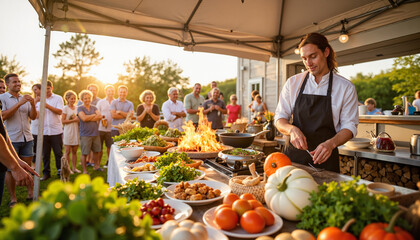 Chef preparing dishes in outdoor kitchen at harvest festival, culinary art