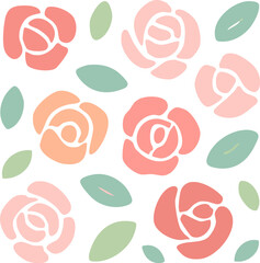 Stylized graphic roses in pink and coral hues with simple green leaves.