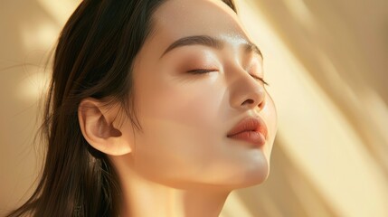 Naklejka premium Close-Up Portrait of Serene Asian Woman with Luminous Skin Bathed in Warm Sunlight