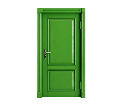 A vibrant green wooden door with classic paneling stands elegantly isolated on transparent background, showcasing its detailed design and inviting entrance