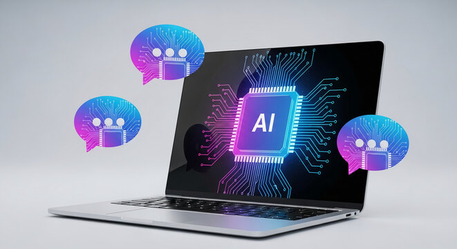 Laptop screen displays AI microchip circuit, surrounded by chat bubbles, symbolizing AI communication and digital interaction, showcasing technological advancement