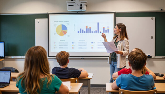 Teacher presenting report in classroom with graphs, effective learning