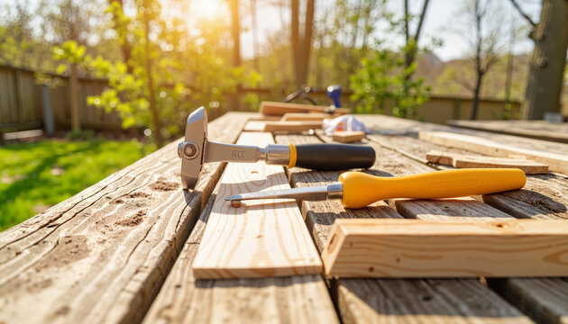 Tools for fixing broken fence slats on wooden table, backyard project