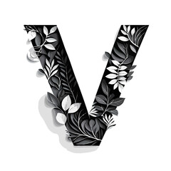 Vector art of letter v is decorated with monochrome leaves isolated on white background