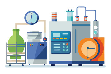 Complex Lab Equipment Illustration with Gauges and Containers Depicting Science and Technology in a Simplified Style
