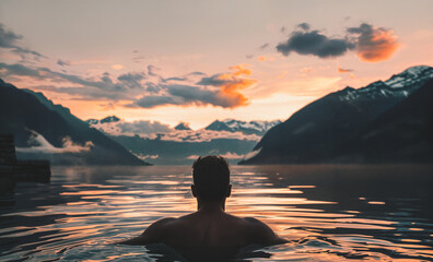 Back view of man swimming in mountain lake at sunset