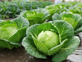 Obraz premium Close-up of a ripe cabbage head, surrounded by other cabbages in a wet field, ready for harvest during the rainy season.
