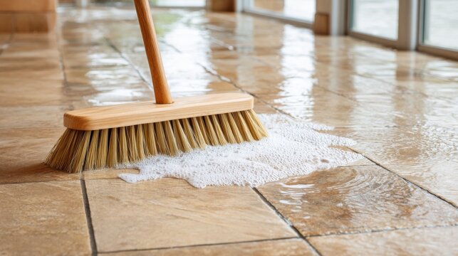Wooden brush sweeping soapy water on tiled floor, creating foam and cleaning the surface.