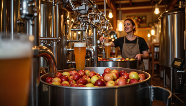 Joyful woman inspecting cider brewing process in cozy brewery, harvest celebration