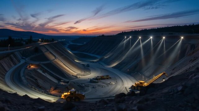 A mine illuminated by powerful spotlights at sunset, showing off multi-story excavations and heavy machinery. 4k video