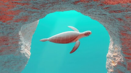 Sea Turtle Swimming in Ocean Cave with Vibrant Waters