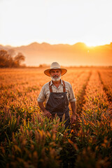 Smiling Senior Farmer Standing in Field During Golden Sunset