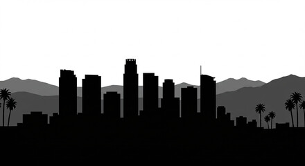 Black and White Silhouette of the Los Angeles Skyline with Mountains