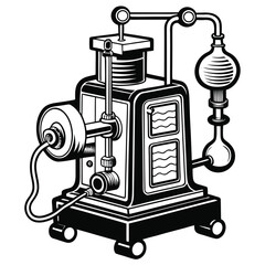 Monochrome Steampunk Machine Illustration Intricate Design with Wheels Bulb and Ornate Details Evoking Vintage Mechanical Aesthetics