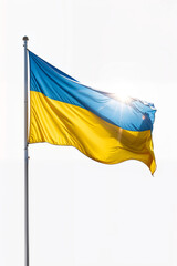 Ukrainian Flag Waving Brightly Against Clear White Sky