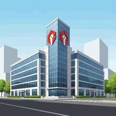 Modern office building design with a stylized red logo on the facade, set against a bright blue sky and minimalist cityscape.