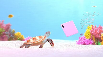 Turtle Swimming in Colorful Coral Reef with Smartphone