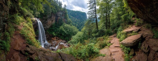 Obraz premium Lush waterfall cascading down rocky cliff face in a wooded valley