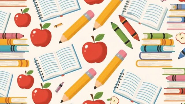 A pattern features books pencils apples and crayons on a light background - Powered by Adobe