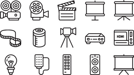 "Media Equipment Icon Set: A Collection of 16 Black-Line Illustrations"