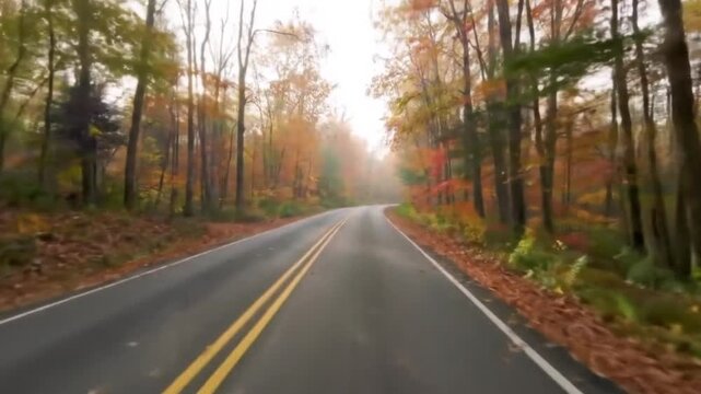 Wide empty road with thick trees and dual yellow lines in full autumn colors