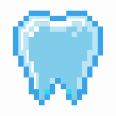 Obraz premium Pixel art tooth icon in blue color digital health, dental hygiene, and video game interface concept with simple geometric design